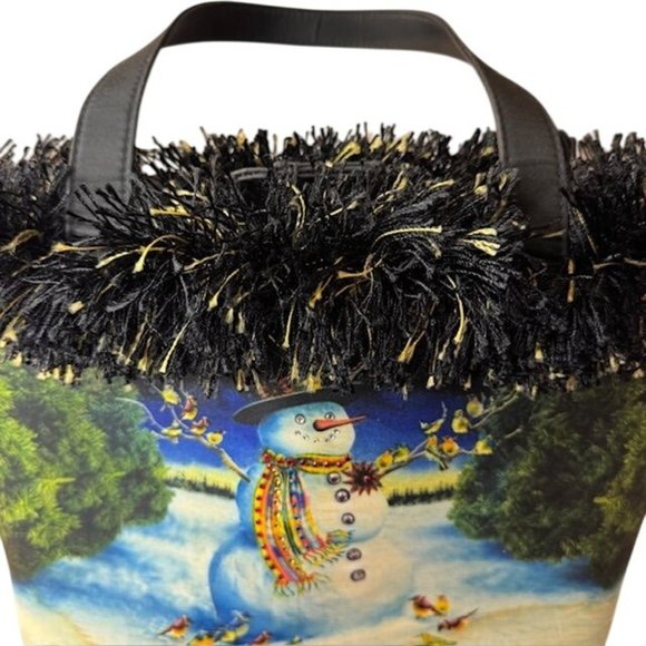 Festive Snowman Winter Handbag With Black Fringe & Dual Handles - Picture 4 of 10